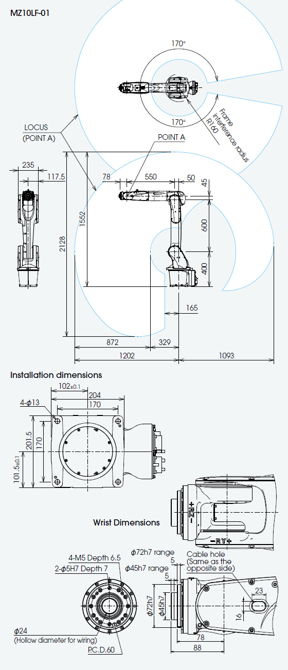 Dimensions and operating range MZ10LF