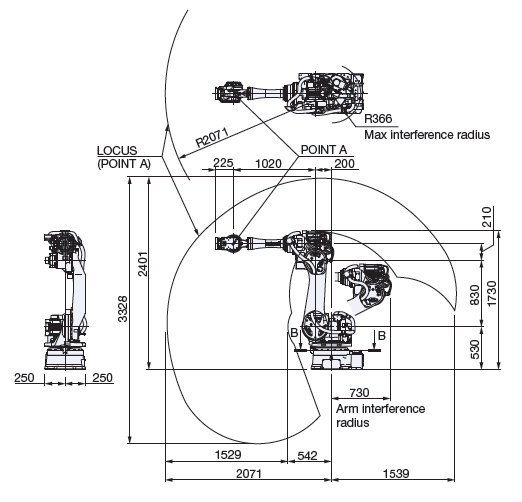 SRA100B-01 Exterior dimensions and working envelope